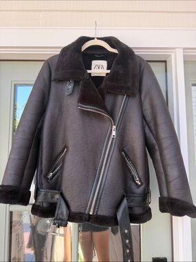 Zara Black Faux-Shearling Biker Jacket